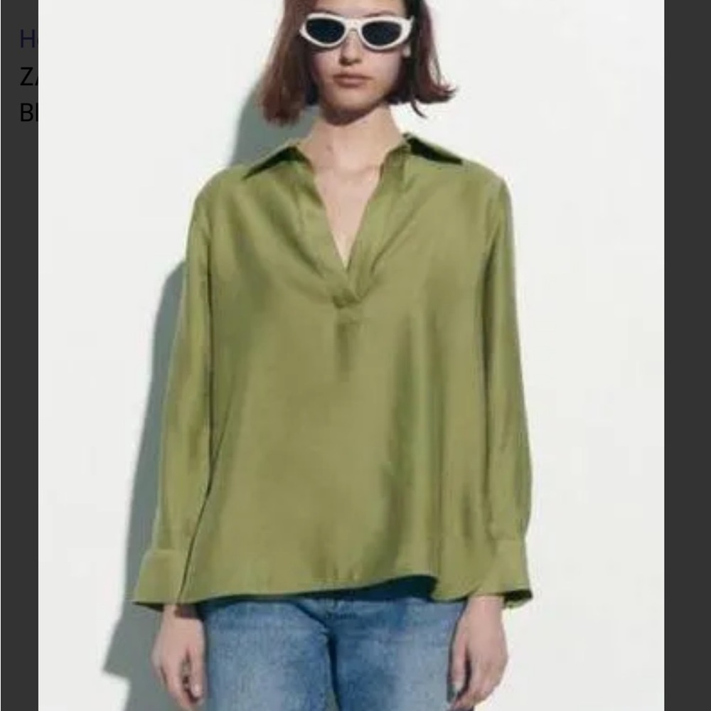 ZARA Green Lyocell Oversized V-Neck Long Sleeve Blouse - Picture 7 of 7